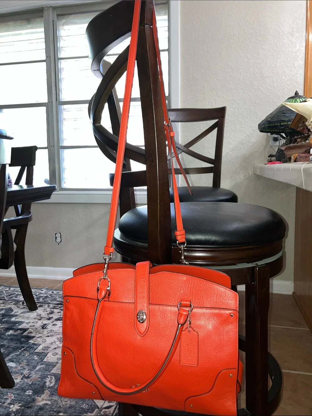 Coach Mercer Coral Red Pebbled Leather Satchel w/Crossbody Strap silver hardware